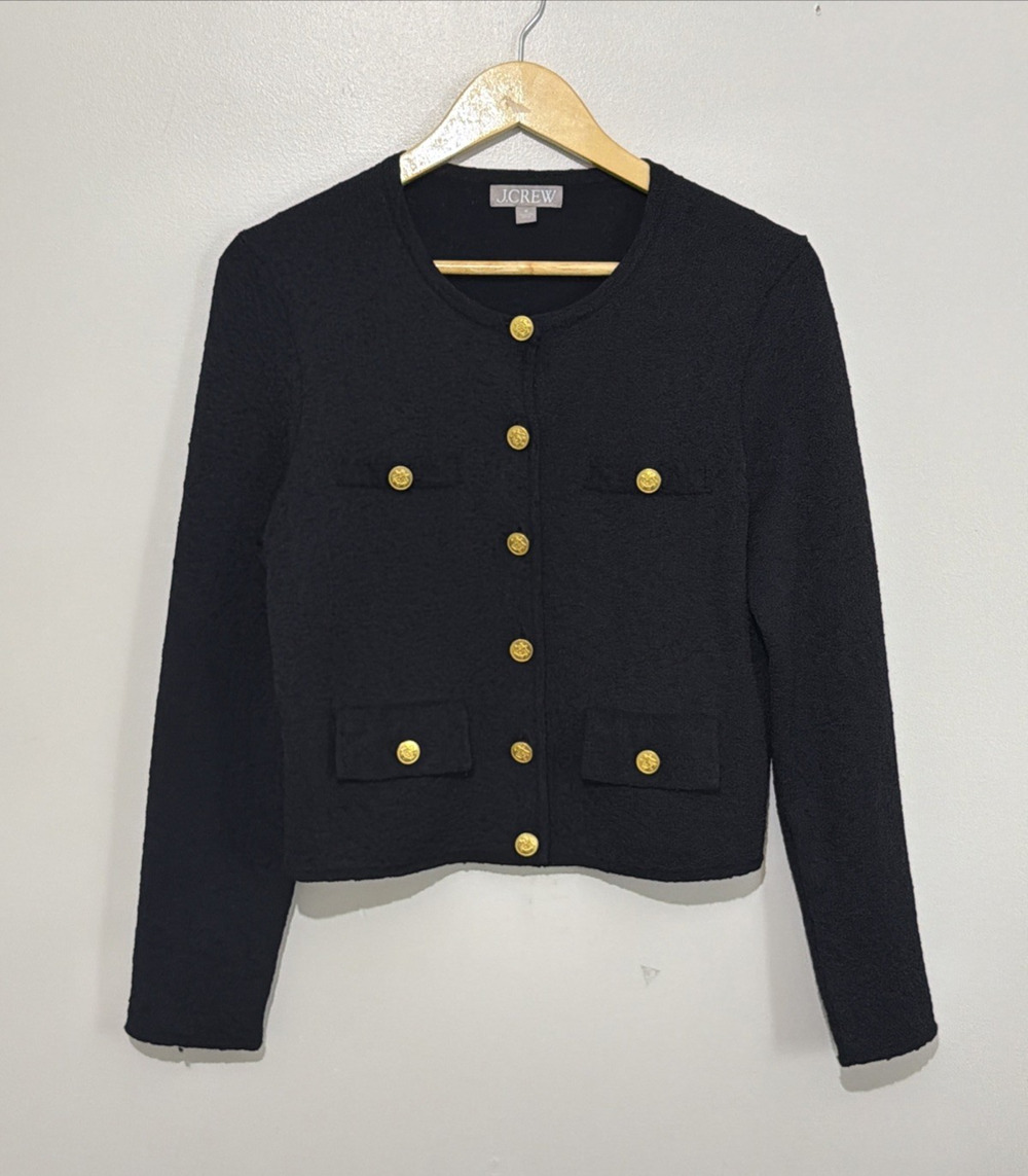 J Crew Cropped Lady Jacket in Textured Bouclé Womens Medium Black Gold Buttons